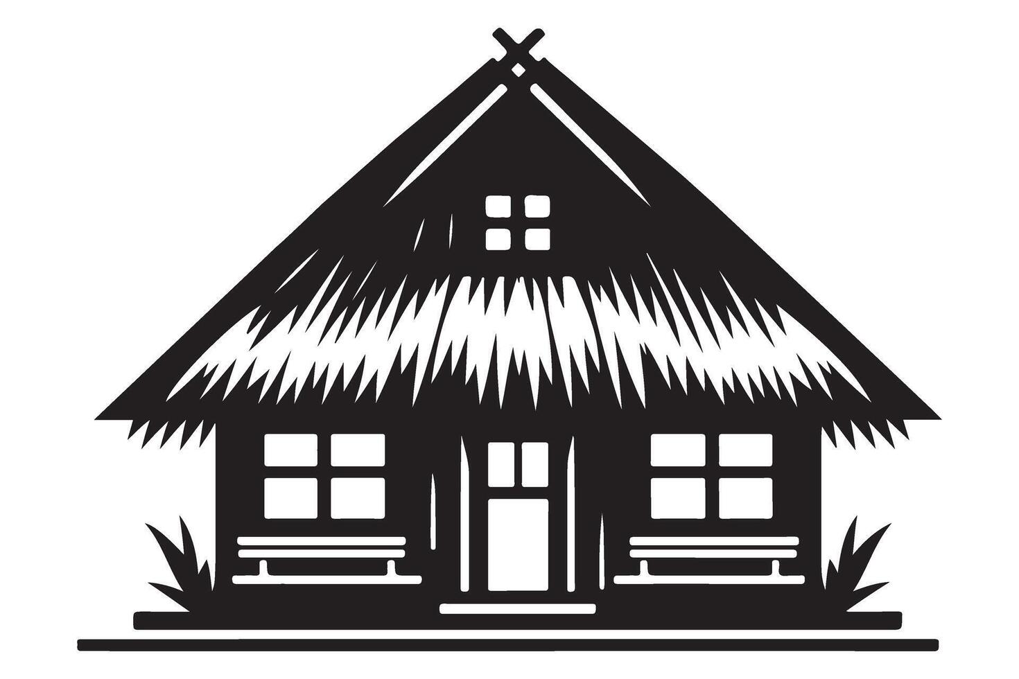 Simple Illustration Silhouette Thatched Roof Home with Bench Seatings vector