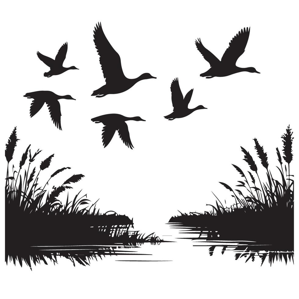 Flying Geese Silhouette Graphic Design Near Water Illustration vector