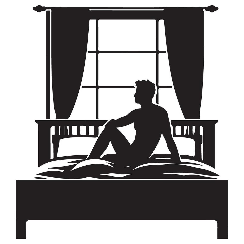 Man Sitting on Bed Silhouette Illustration Looking out Window of Peace vector