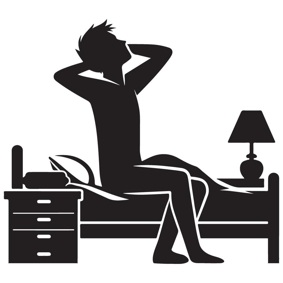 Man Stretching Morning Silhouette Illustration in Bed After Sleep vector