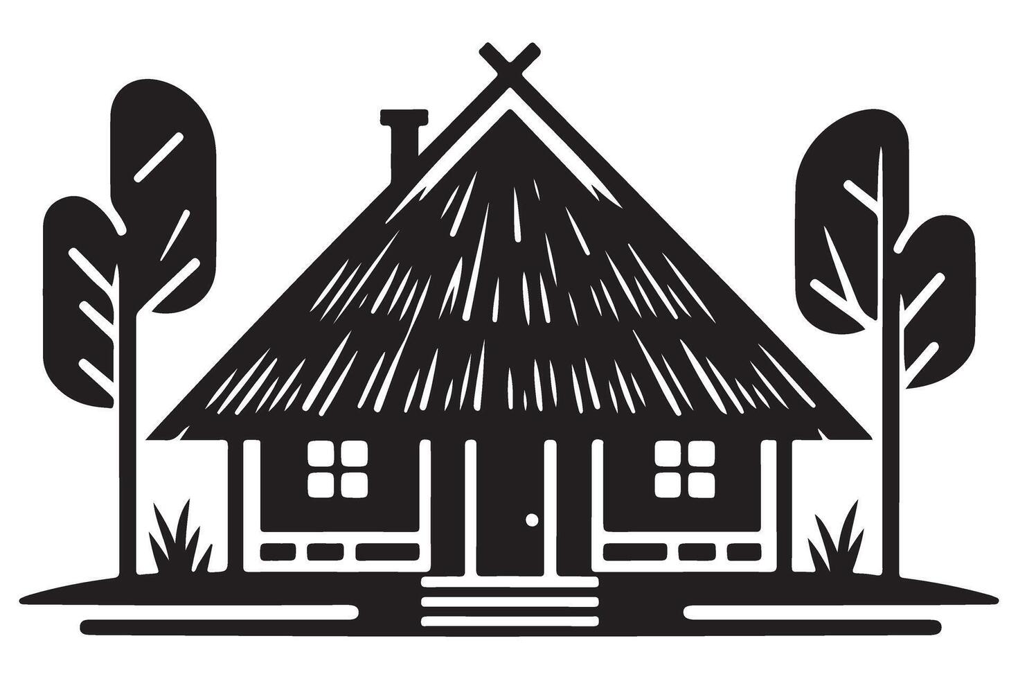 Charming Thatched Roof House With Trees and Landscape Illustration vector