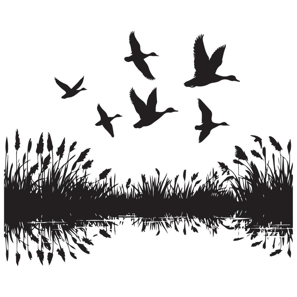 Flying Duck Silhouette Illustration Over Marshland Stream Graphic Art vector