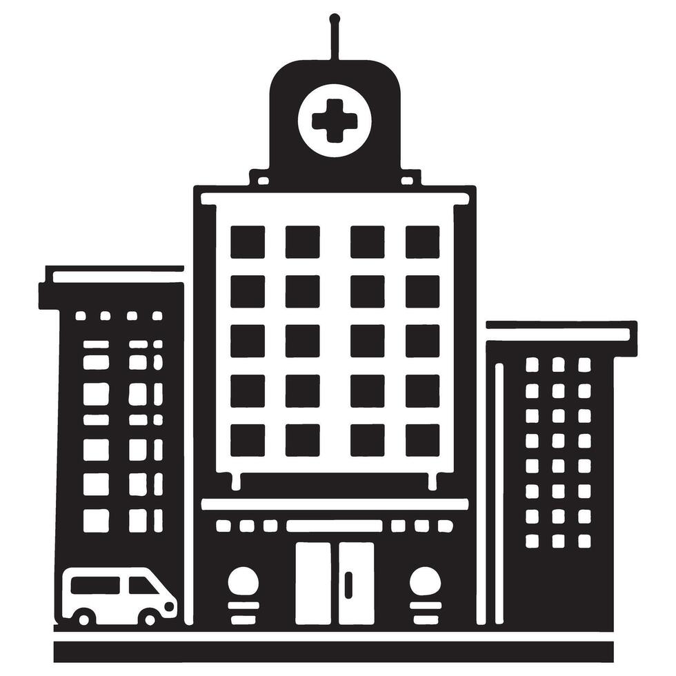 Modern Hospital Building Silhouette With Ambulance Design Art vector