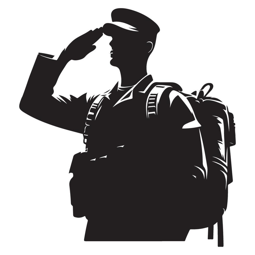 Marine Saluting with Backpack Silhouette Image for Patriotic Projects vector