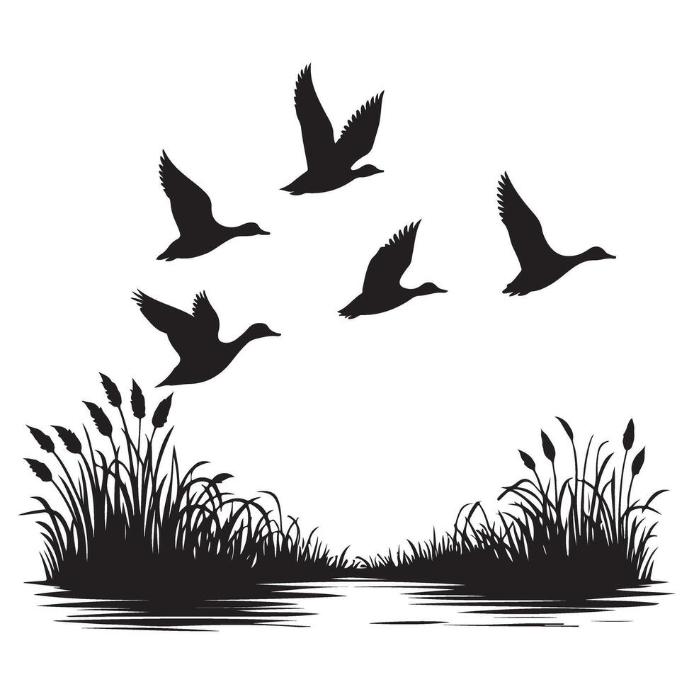 Silhouette Ducks Flying Over the Water and Reeds Image Art vector
