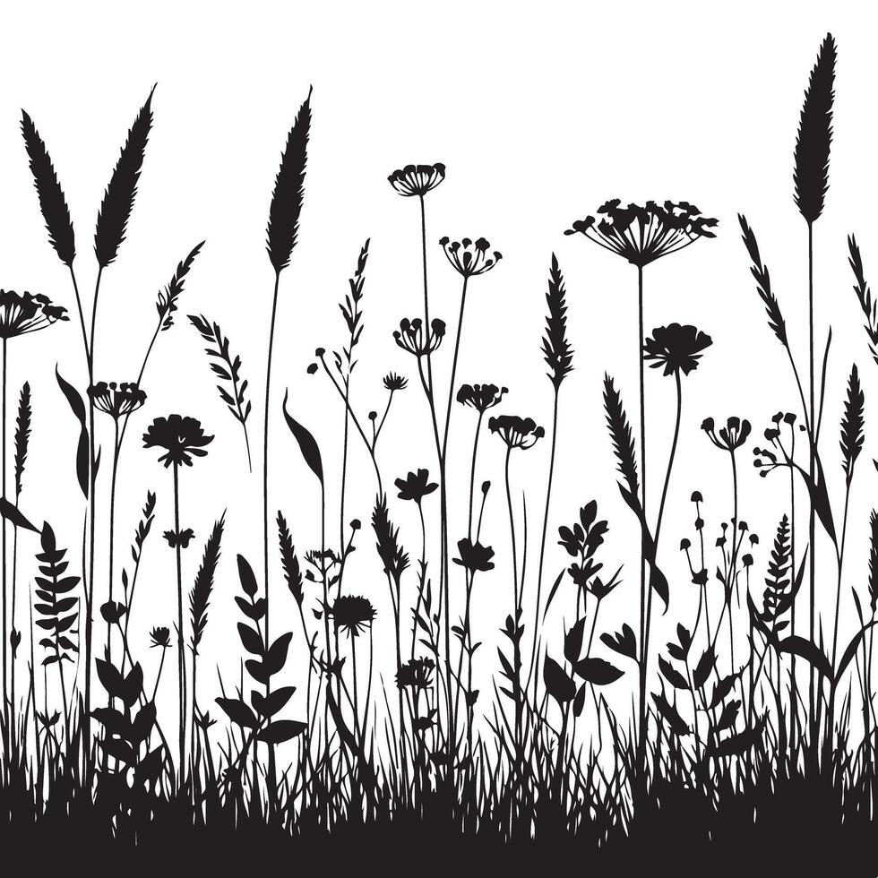 Detailed Silhouette of Wildflowers Art Illustration Design vector