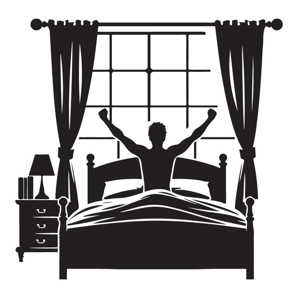Silhouette Man Stretching in Bed with Window and Curtains vector