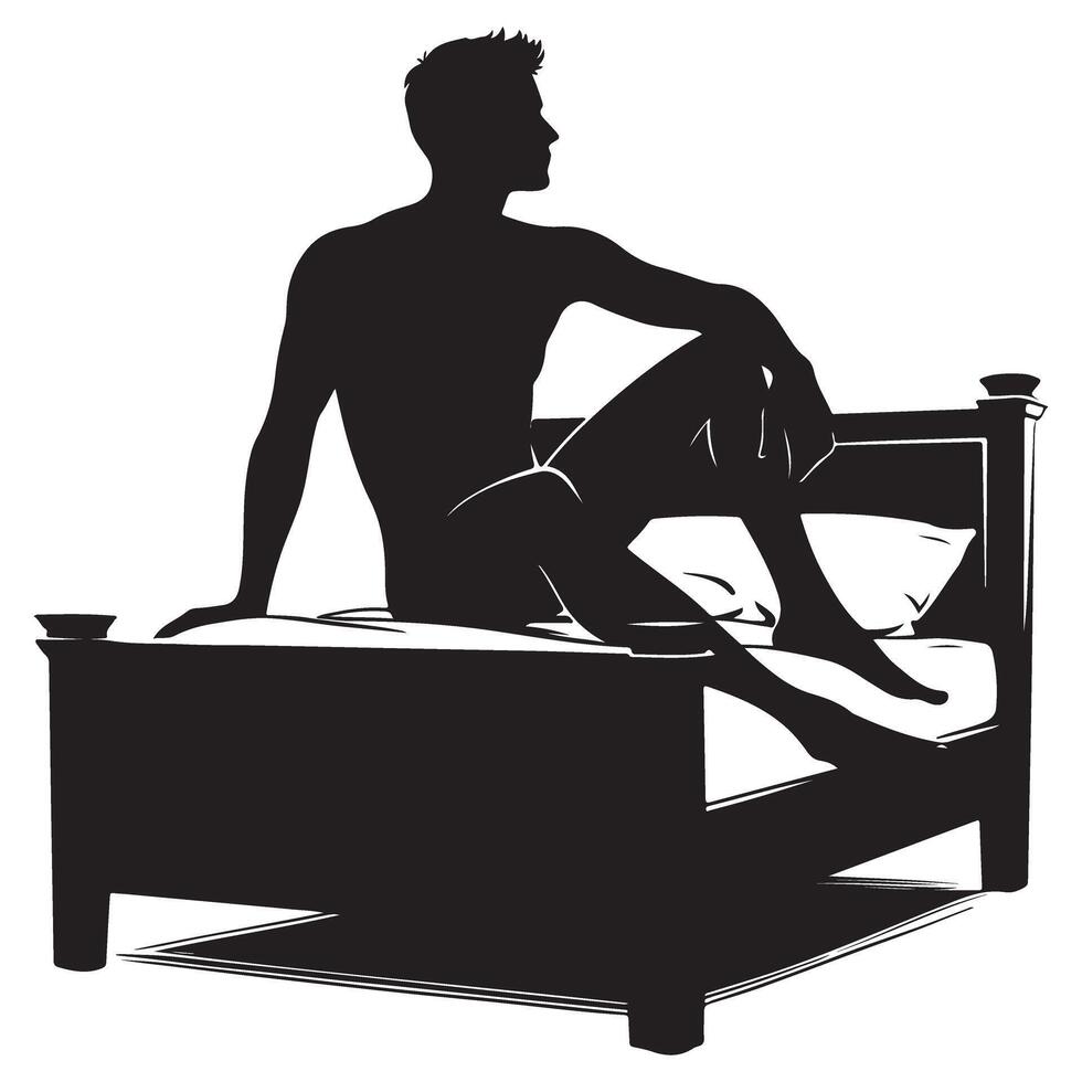Silhouette Man Sitting on Bed Thoughtful Illustration Graphic vector
