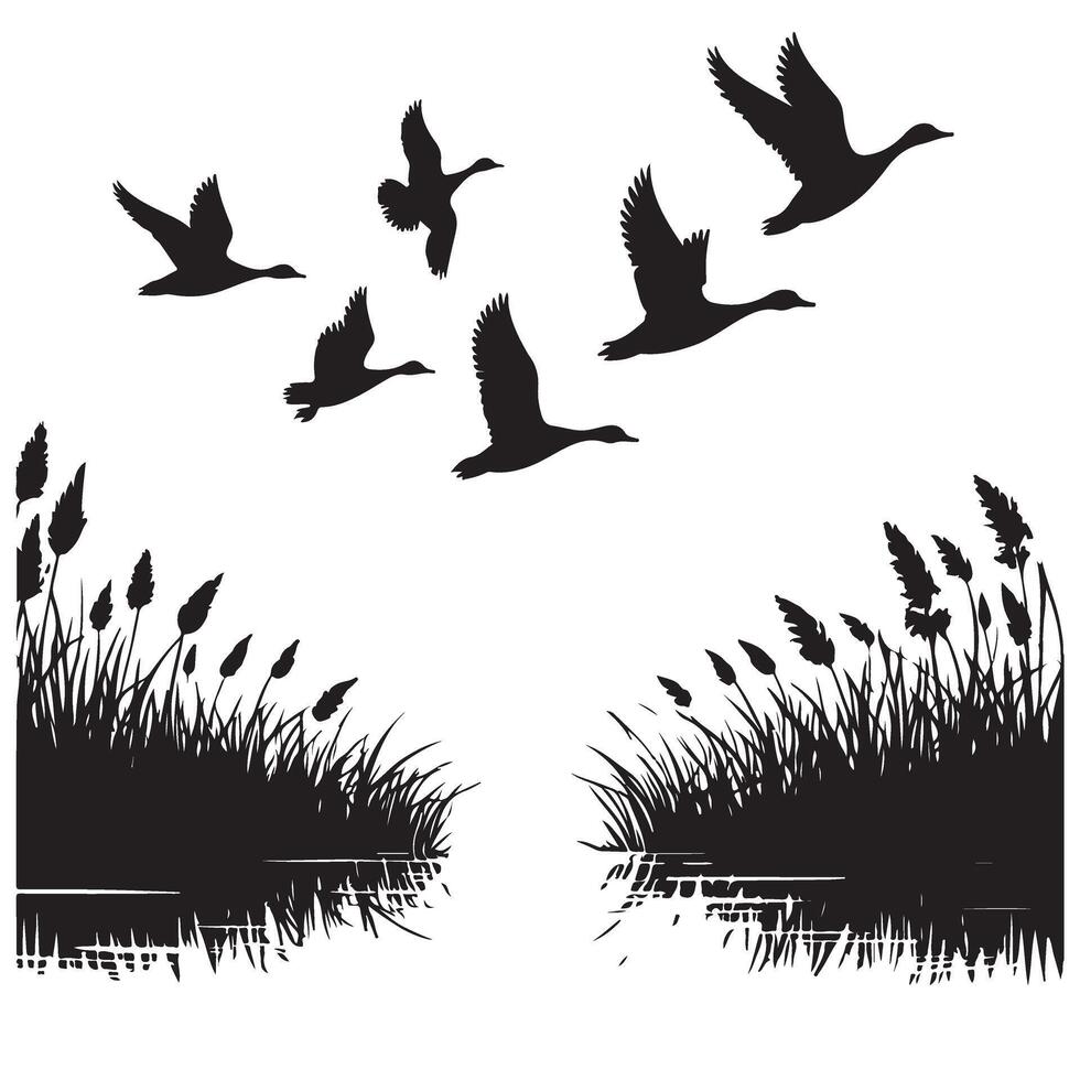 Silhouette Flying Ducks over Wetland with Marsh Grass Art vector