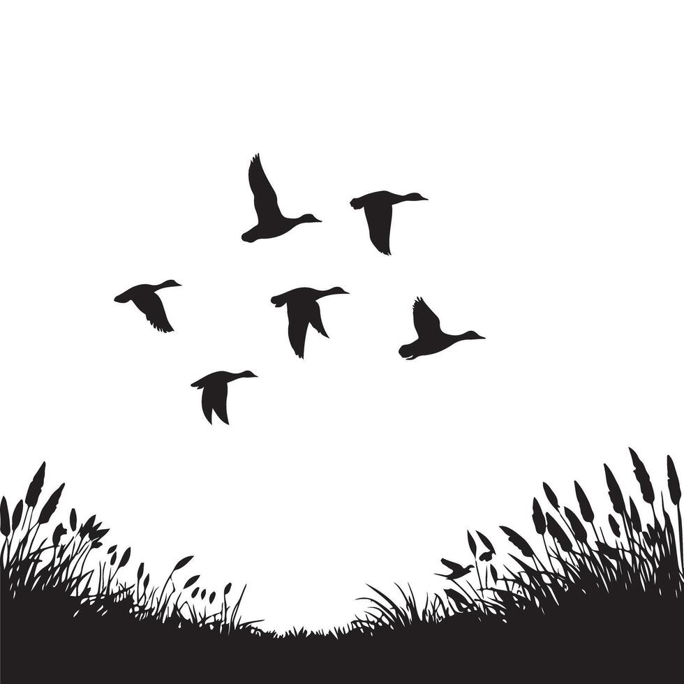 Silhouette Artwork of Flying Geese With Grass Illustration vector