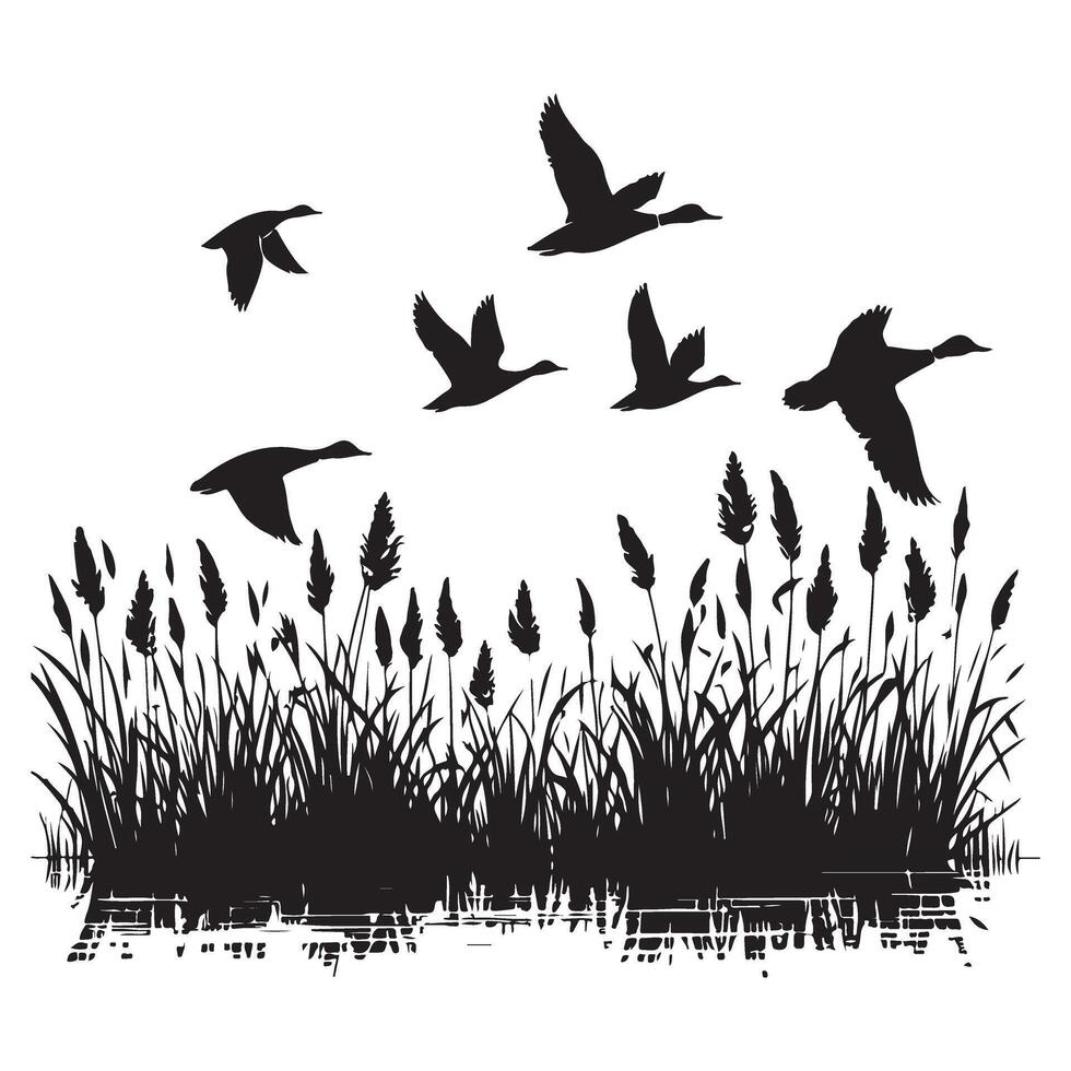 Flying Ducks Silhouette over Marsh Grass Wetland Illustration vector