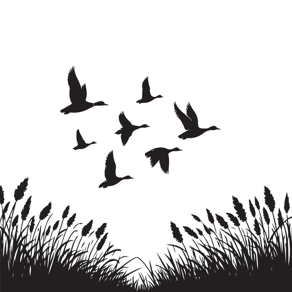 Flying Geese Silhouette Art Over Wild Grass Illustration vector