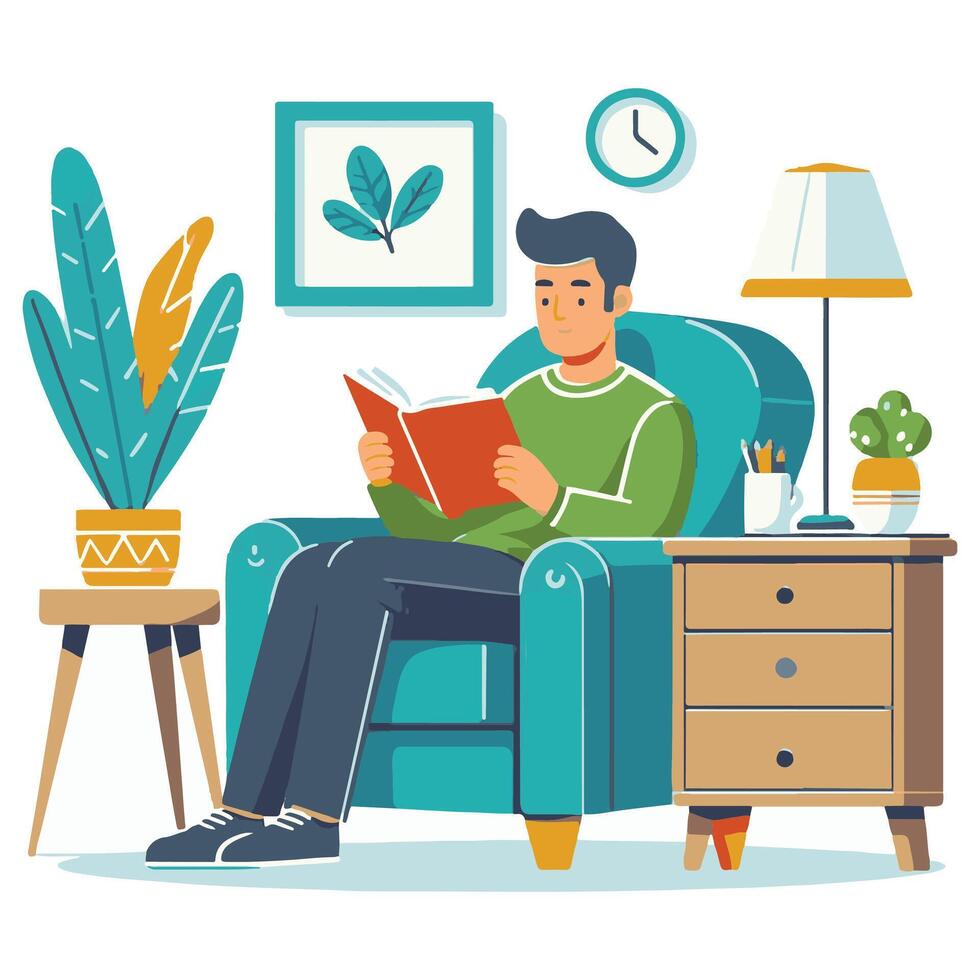 Home Reading Illustration A Man Enjoys Time with Book vector