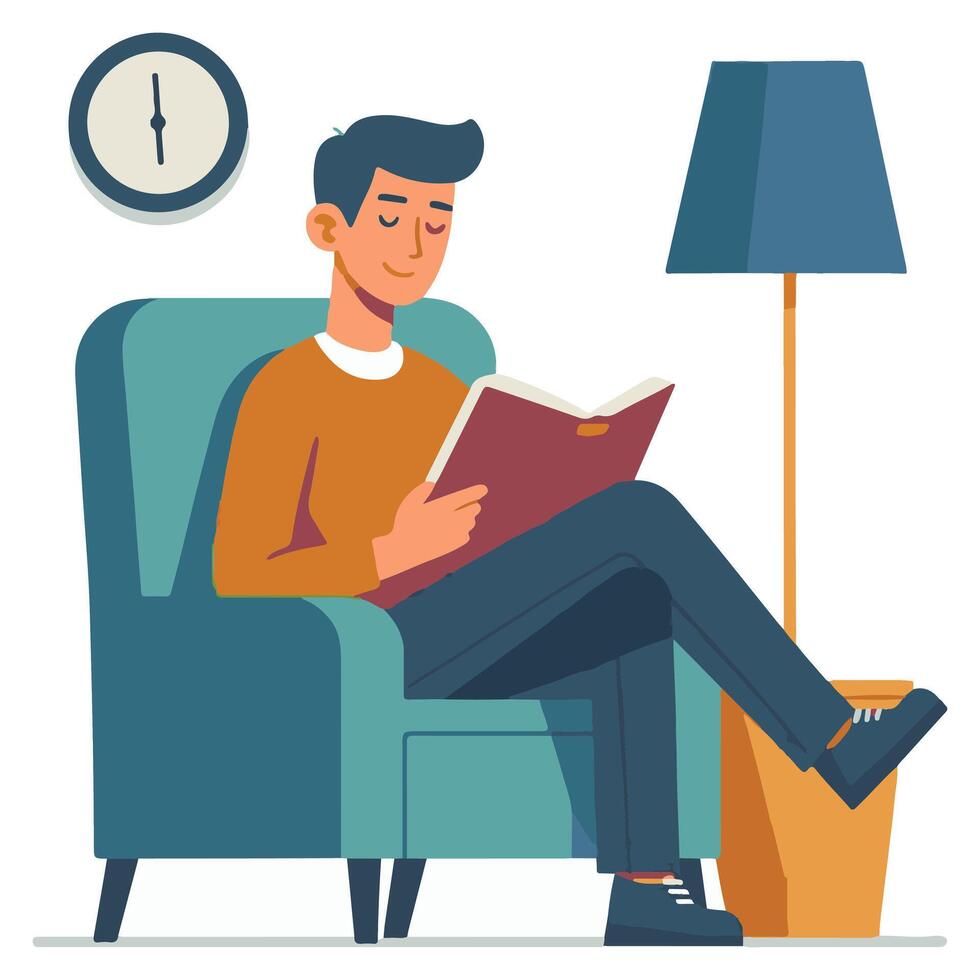 Man Relaxing with Book Illustration of Reading at Home vector