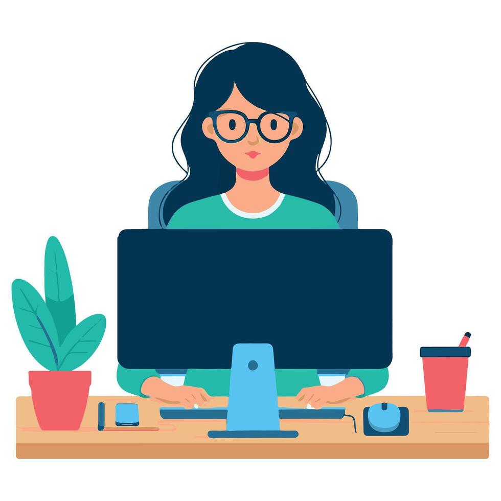 Concentrated Woman Working at Computer Desk Illustration vector
