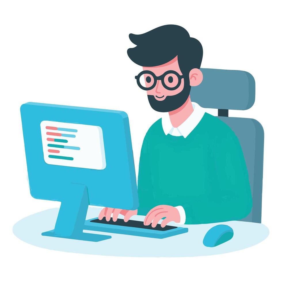 Bearded Coder Working Passionately Illustration of Software Developer vector