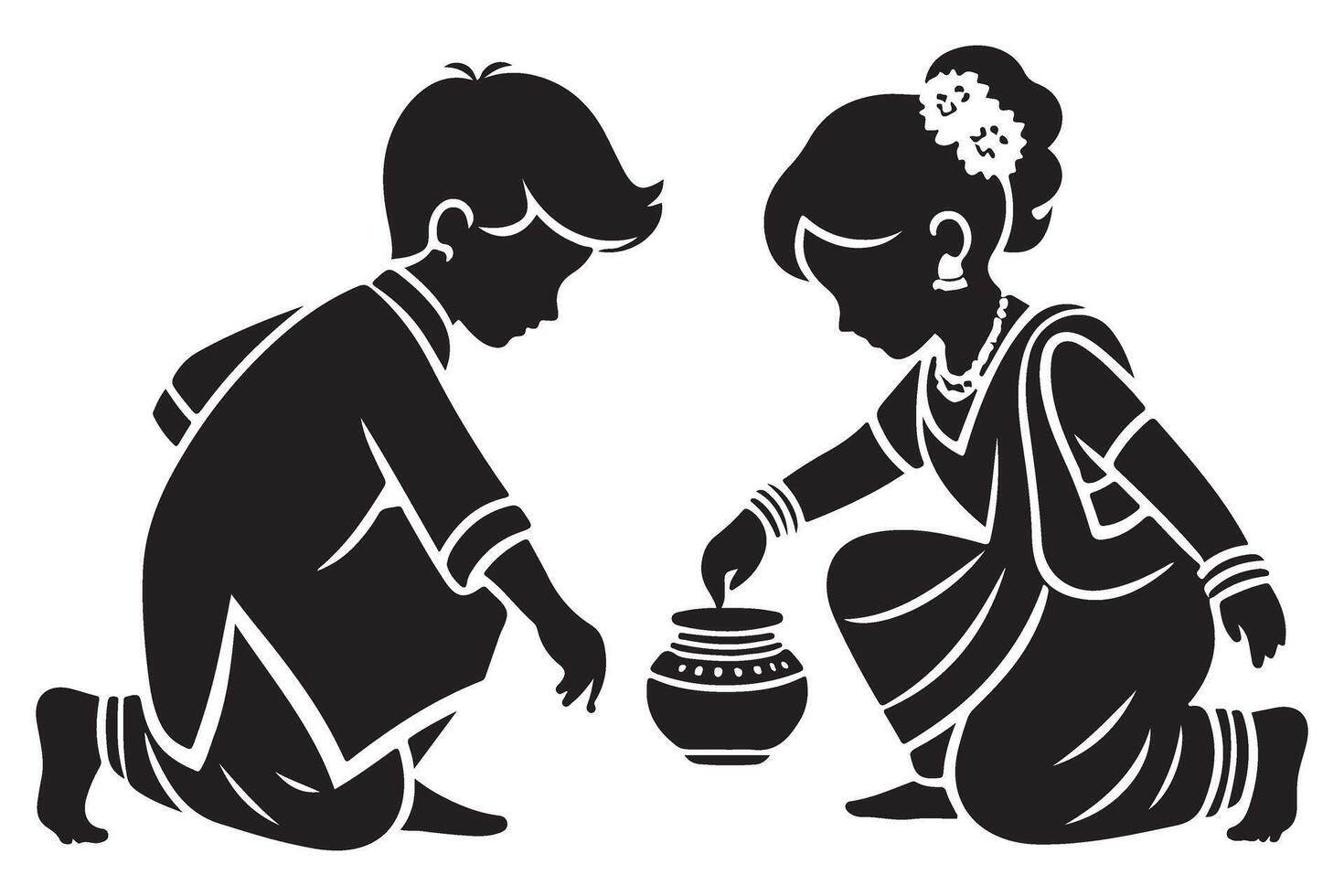 Diwali Kids Silhouette Making Rangoli with Pot Illustration vector