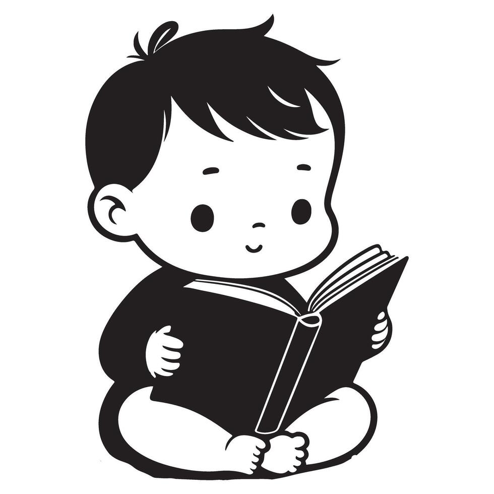 Cute Baby Reading Book Silhouette Illustration Design vector