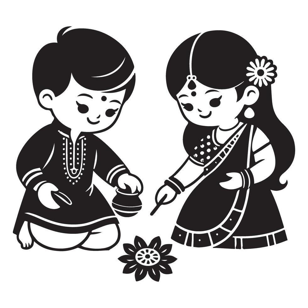 Silhouette of Cute Indian Kids Performing Ritual Illustration vector