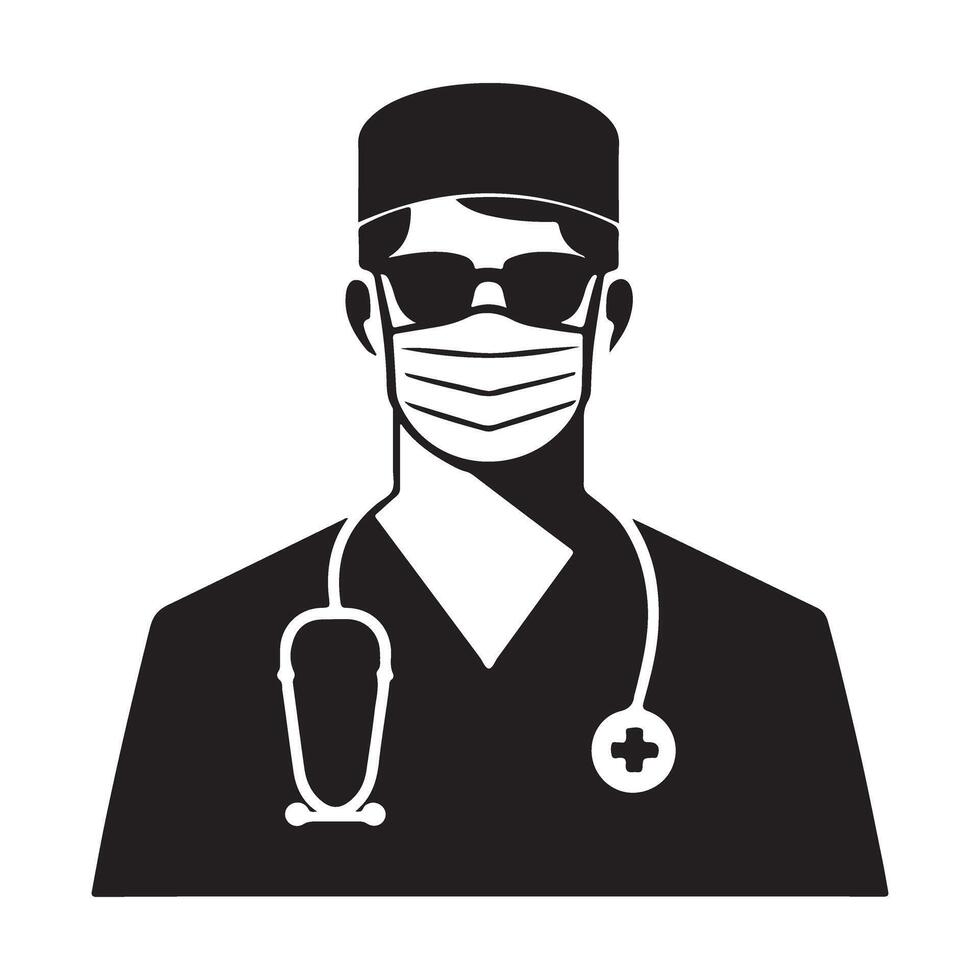 Professional Doctor Silhouette Illustration With Masked Face Medical Healthcare vector