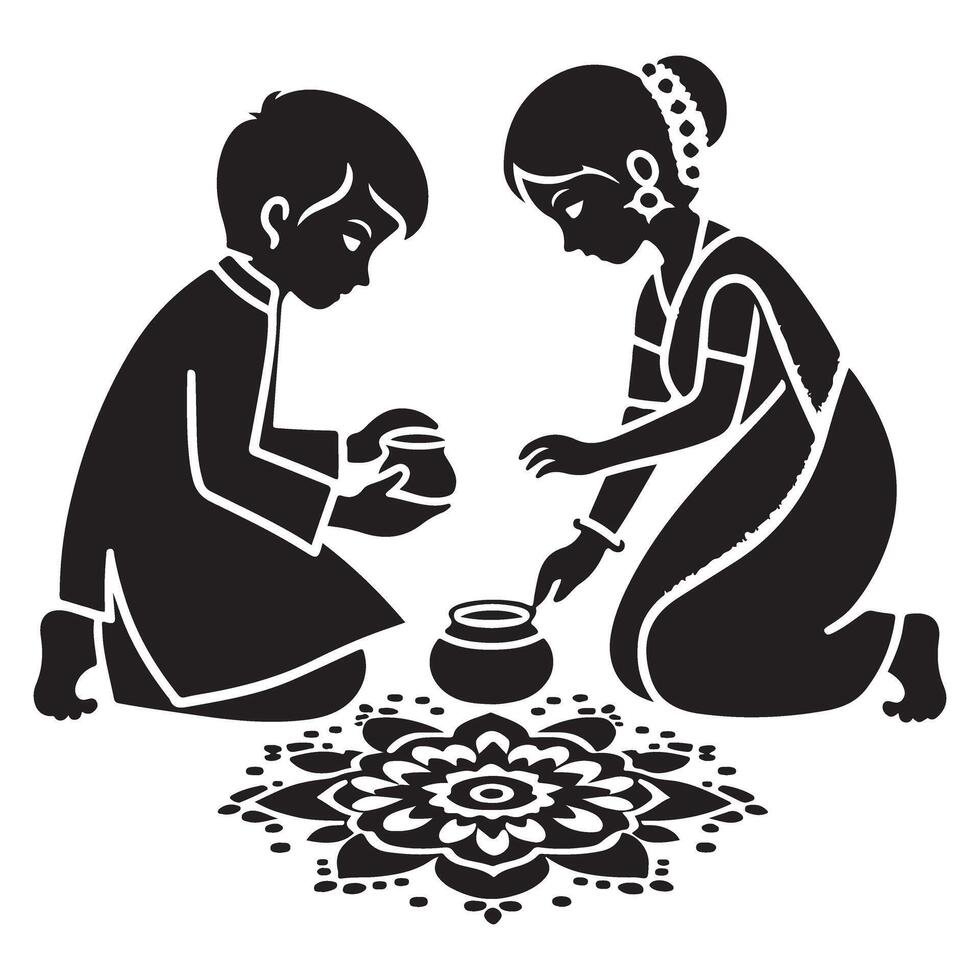 Silhouette Pongal Festival Children Illustration Graphic Design vector