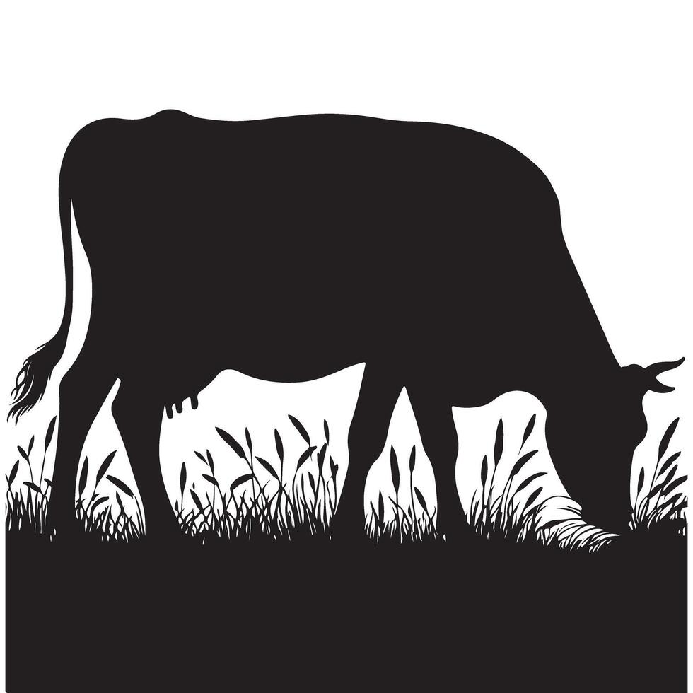 Cow grazing grass silhouette animal farm illustration drawing vector