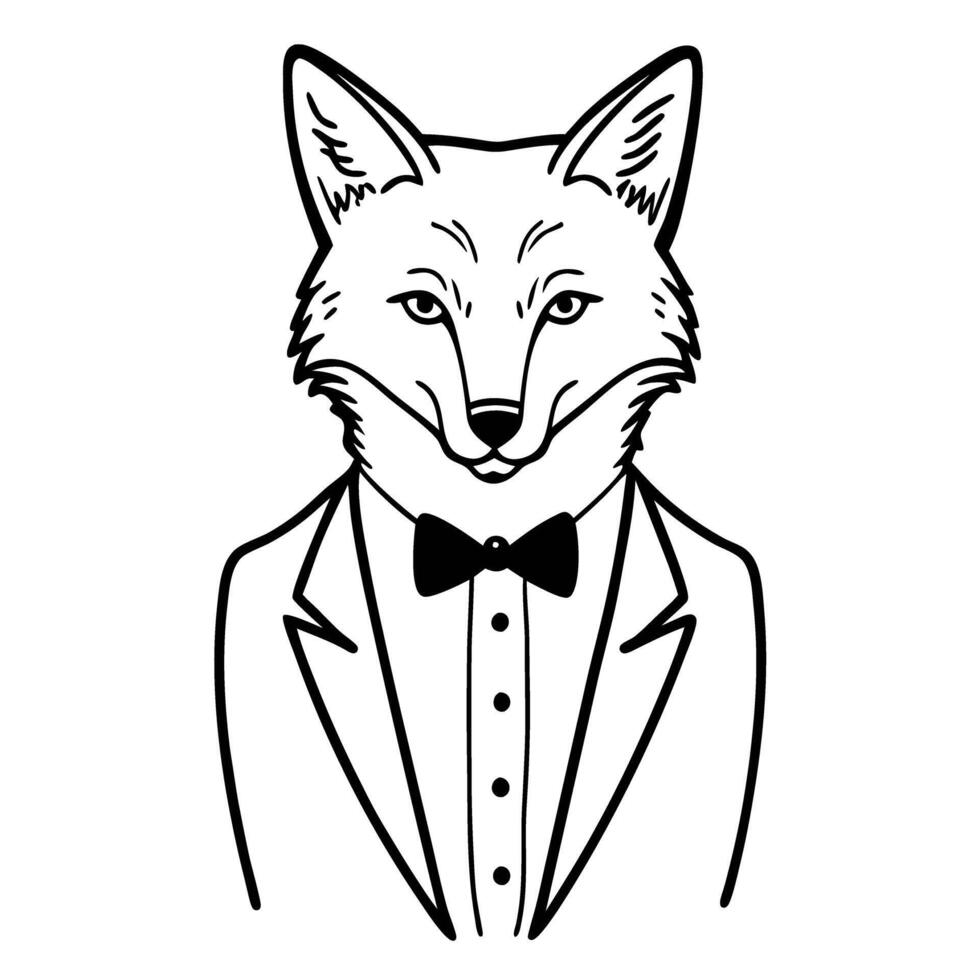 Stylish fox wearing a tuxedo with bow tie animal character in formal attire, illustration vector