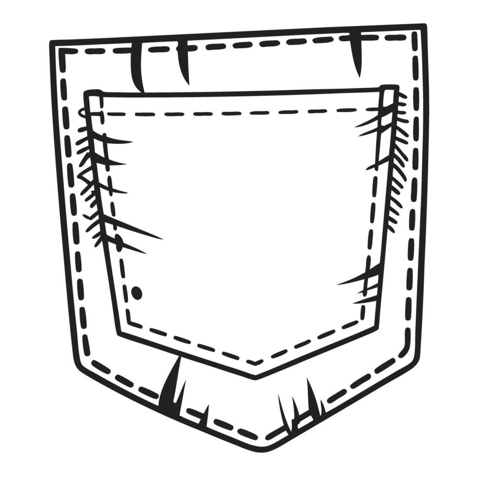 Denim pocket sketch with stitches details and distressed texture, simple black and white illustration vector