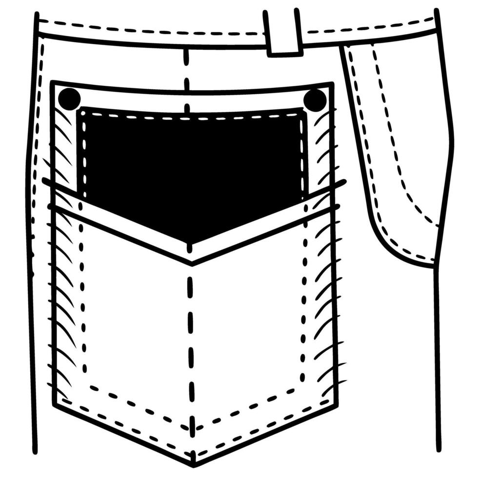 Denim pocket outline, black and white sketch of jeans detail stitching and fabric texture illustration vector
