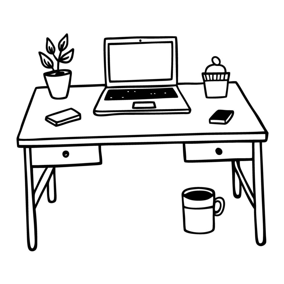 simple desk with laptop, plant, cupcake, mug, notebook, smartphone minimalist office workspace illustration vector