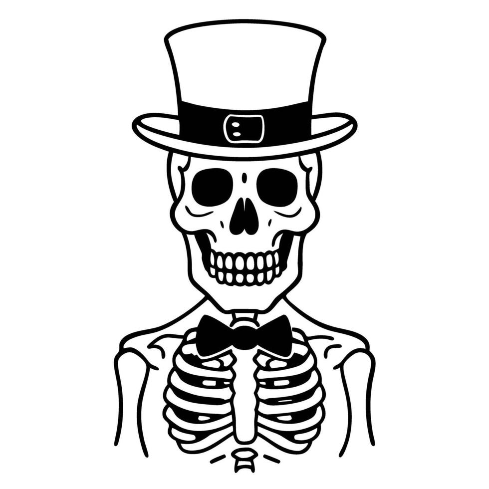Skeleton with top hat and bow tie illustration vintage monochrome vector