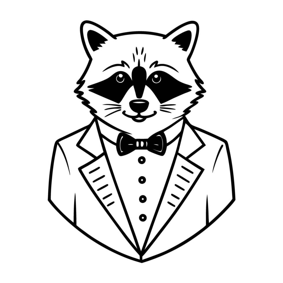 Raccoon in tuxedo, bow tie illustration formal dressed animal, black and white drawing cute wildlife gentleman concept vector