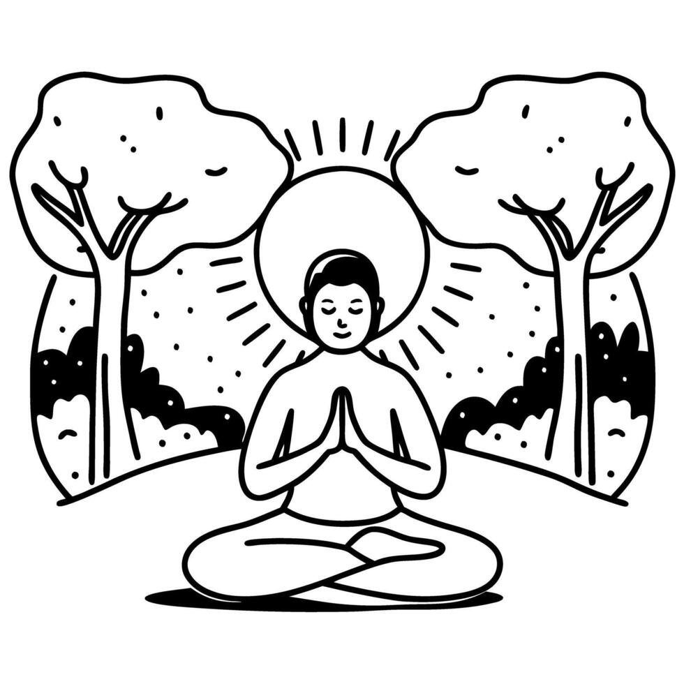 meditation in nature, serenity and mindfulness peaceful sitting figure with trees and sun, spiritual growth vector