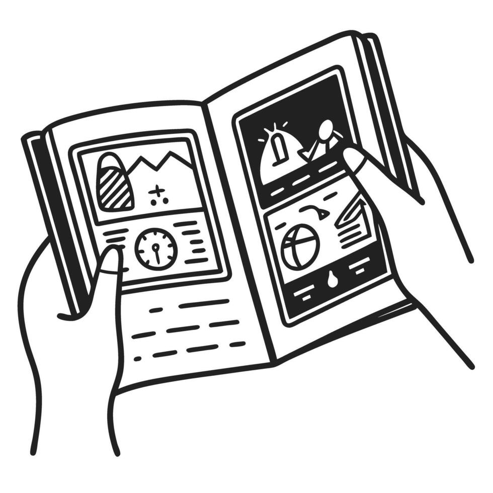 Hands holding open book with illustrated content, map and mountain graphics, simple black and white sketch vector