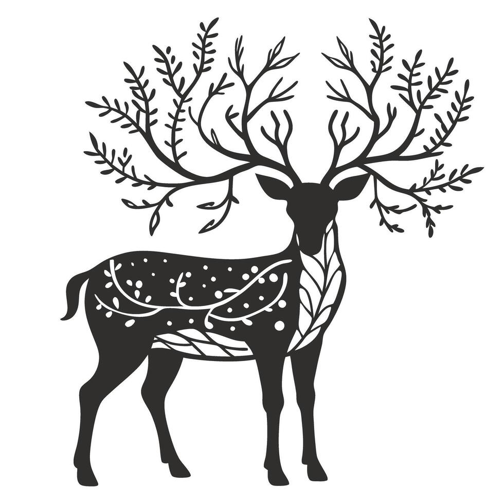 Ornate reindeer silhouette with abstract antlers, nature inspired art vector