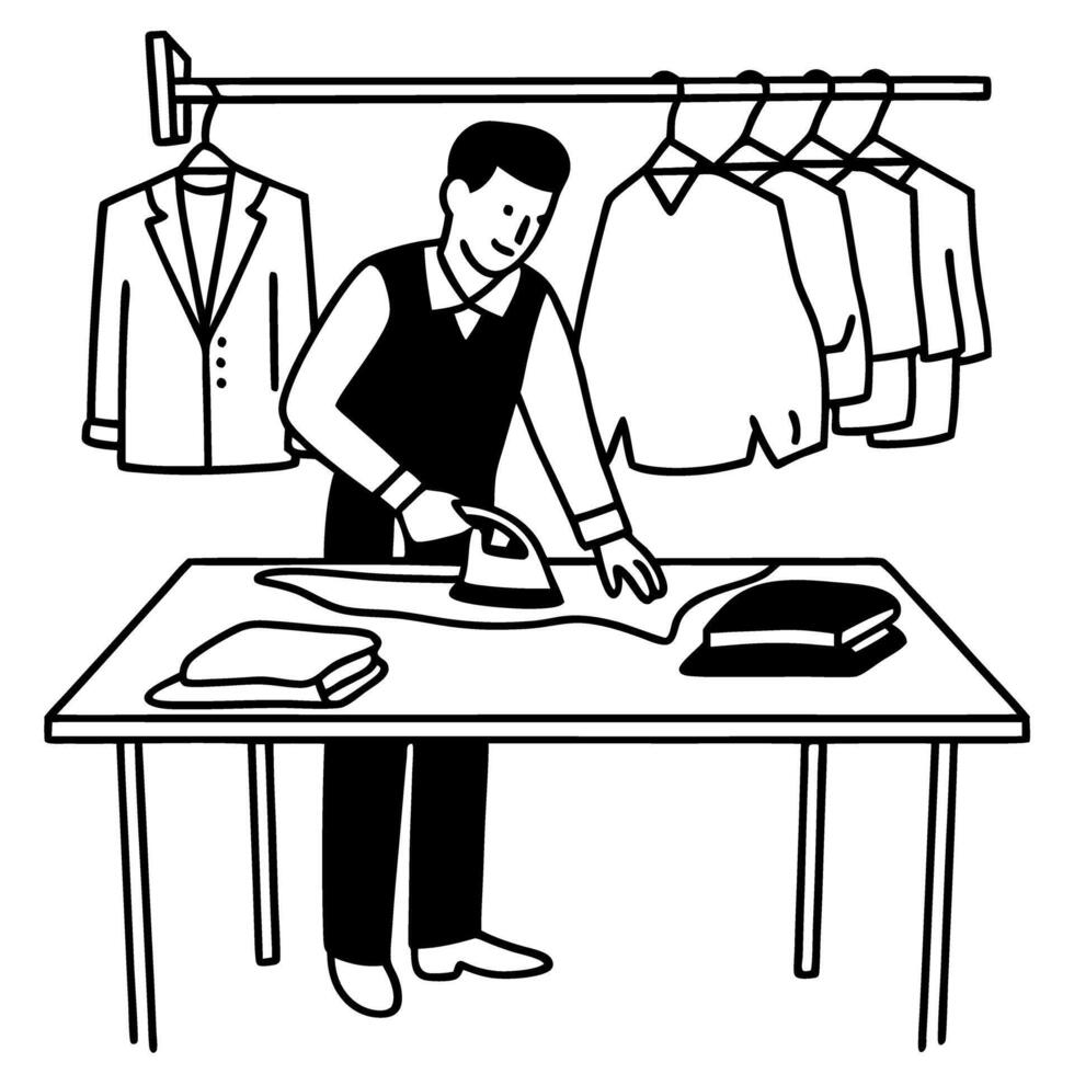 person ironing clothes in laundry room neatly hung shirts, organized wardrobe, efficient garment care vector