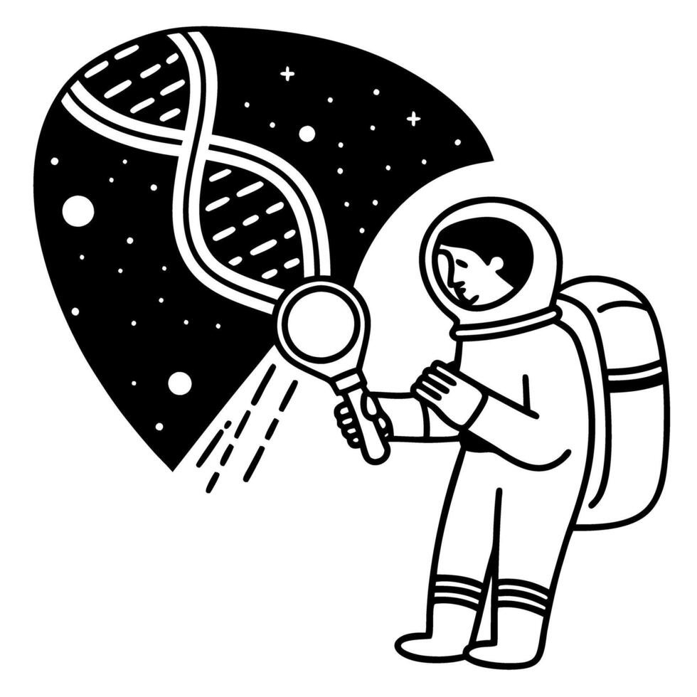 Astronaut exploring dna in space space traveler with magnifying glass, cosmic biology concept vector