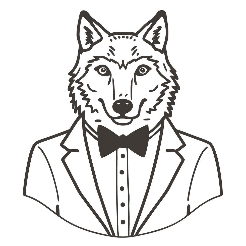 Wolf in a suit elegant anthropomorphic illustration with bow tie and shirt vector