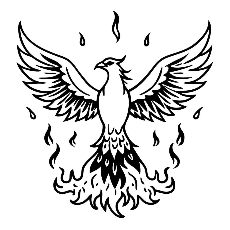 Phoenix rising from flames, mythical firebird symbolizing rebirth and transformation in monochrome design vector