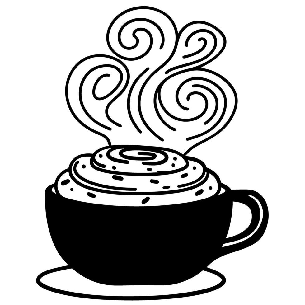 Steaming hot coffee cup with swirling steam lines, black and white illustration for coffee lovers vector