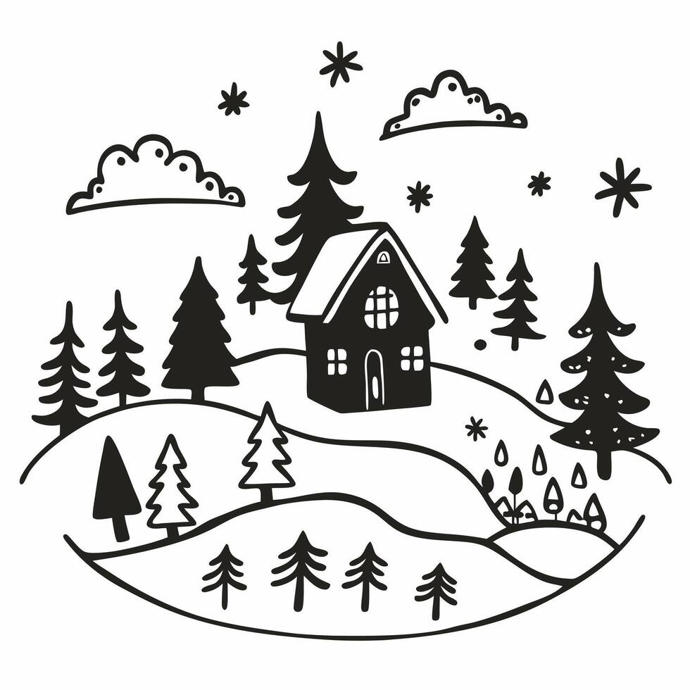 Charming Winter Cabin in Snowy Forest with Pine Trees and Stars vector