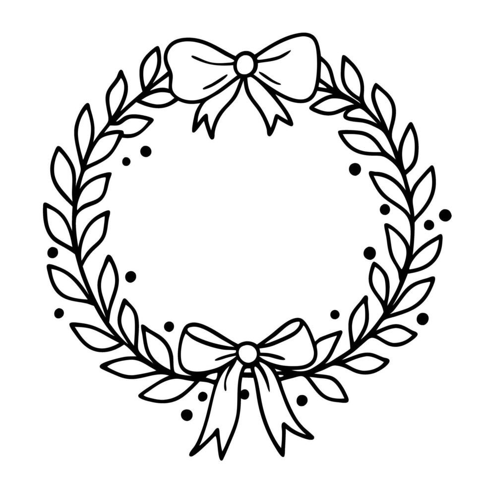 Elegant Hand Drawn Wreath with Bows and Leaves Perfect for Holiday Designs vector
