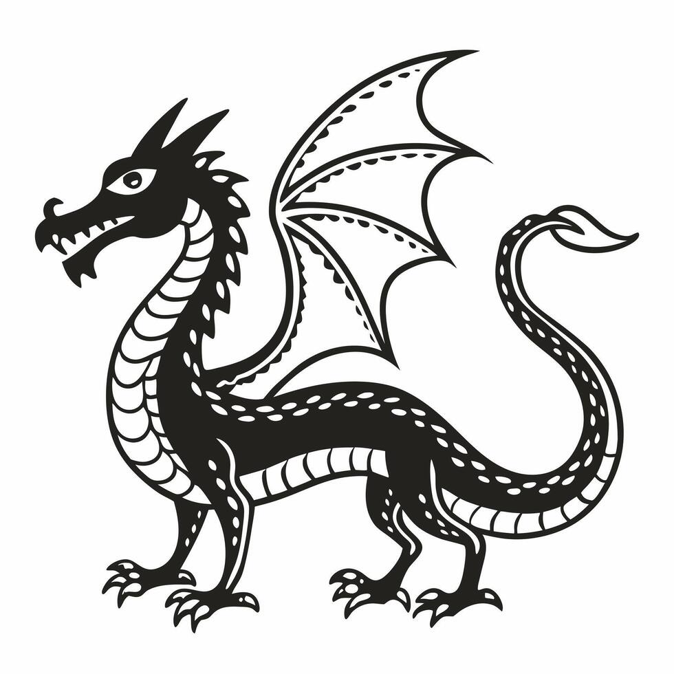 Medieval Dragon Illustration Black and White Art of Mythical Creature vector