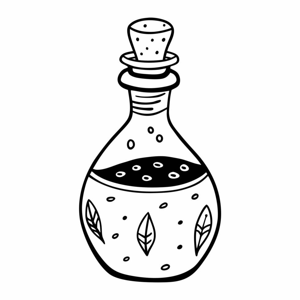 Hand Drawn Potion Bottle with Floral Elements and Bubbles vector