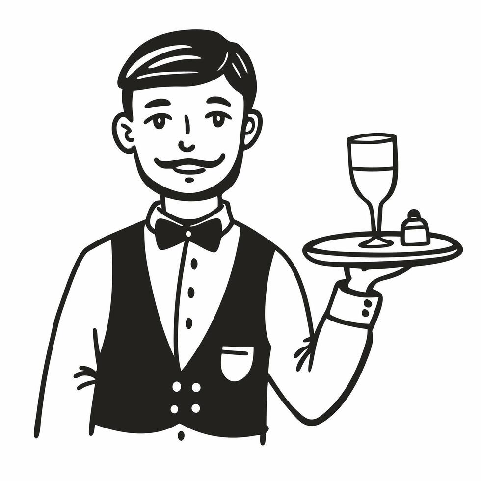 Retro Waiter Serving Wine and Dessert Illustration vector