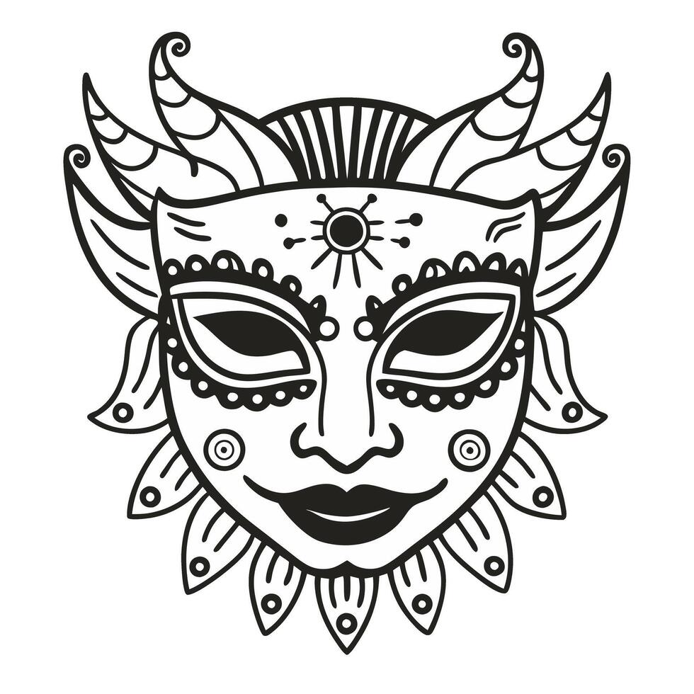 Intricate Tribal Mask Line Art with Ethnic Horns and Abstract Patterns vector