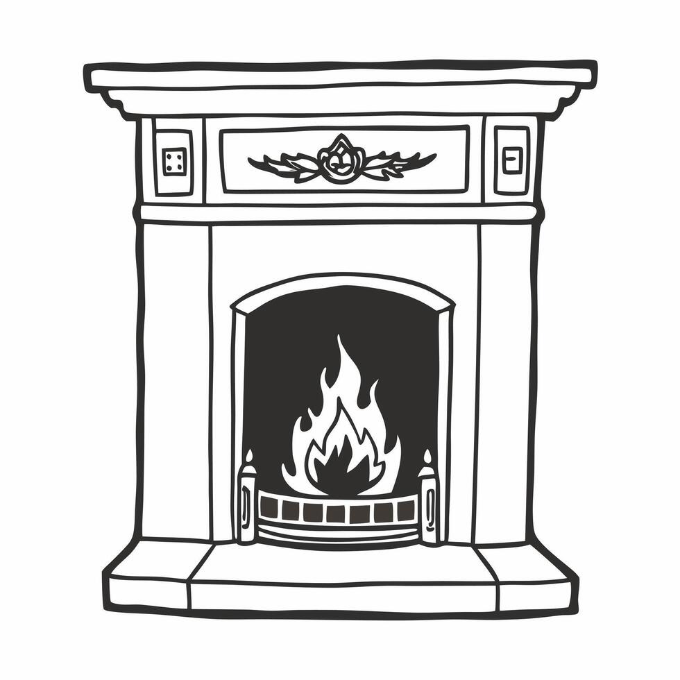 Charming Vintage Fireplace Illustration with Intricate Detailing in Black and White vector