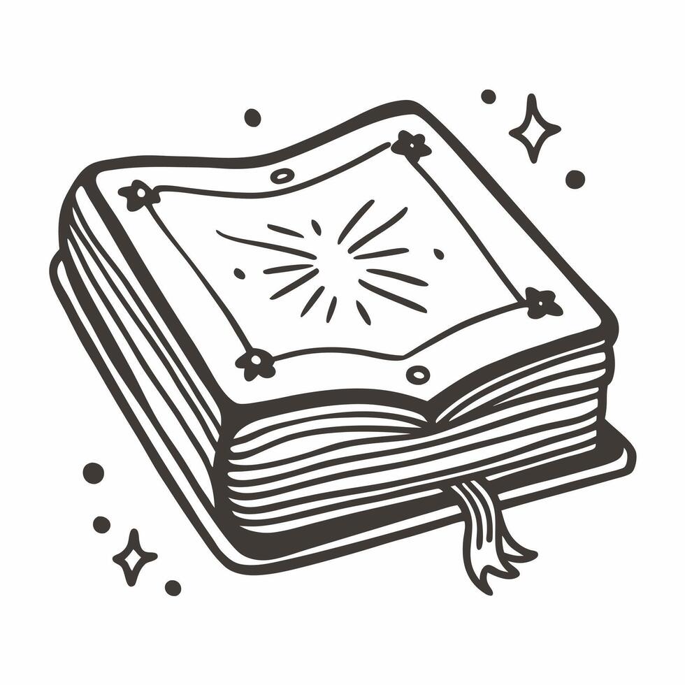 Vintage Magic Book with Sparkles Line Art Illustration vector