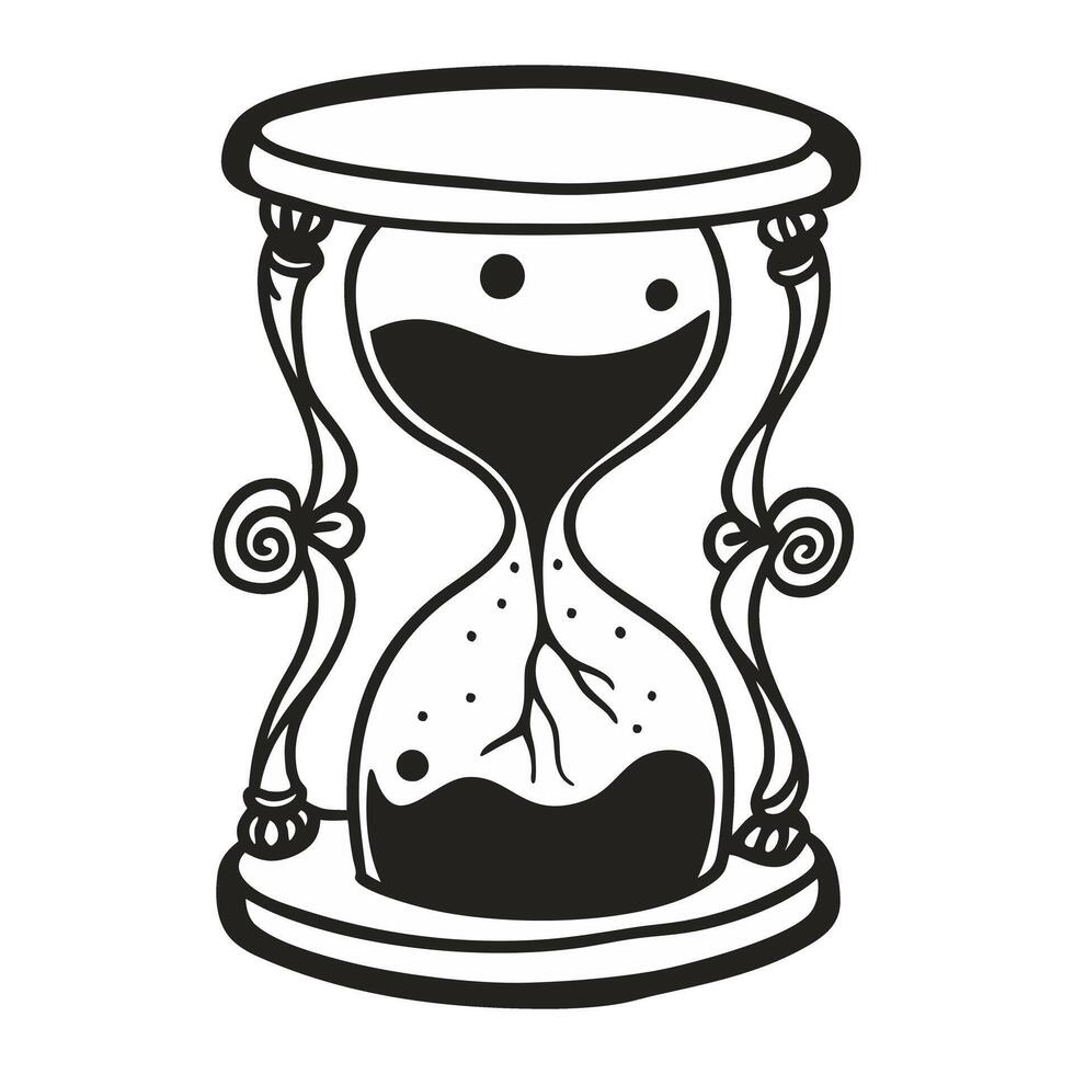 Black and White Hourglass Illustration with Smiling Face and Flowing Sand vector
