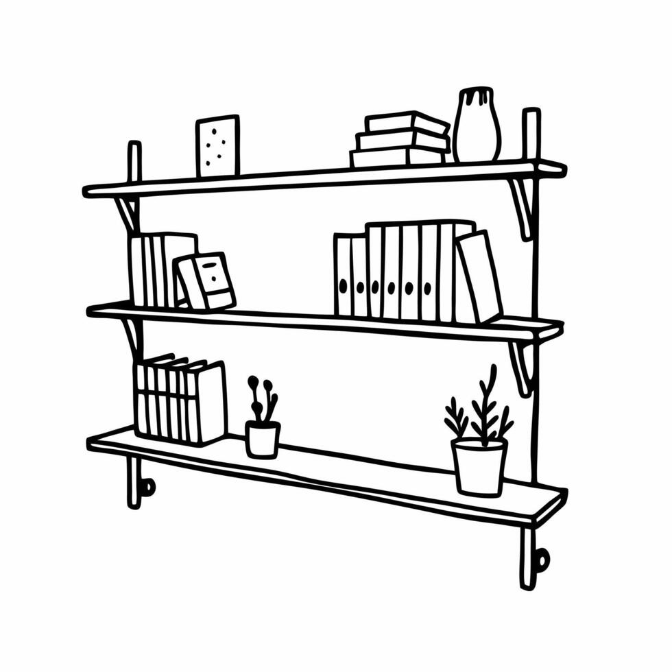 Minimalist Hand Drawn Bookshelf Illustration with Plants and Books vector